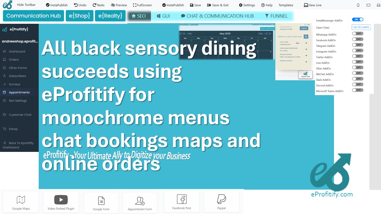 All black sensory dining succeeds using eProfitify for monochrome menus chat bookings maps and online orders